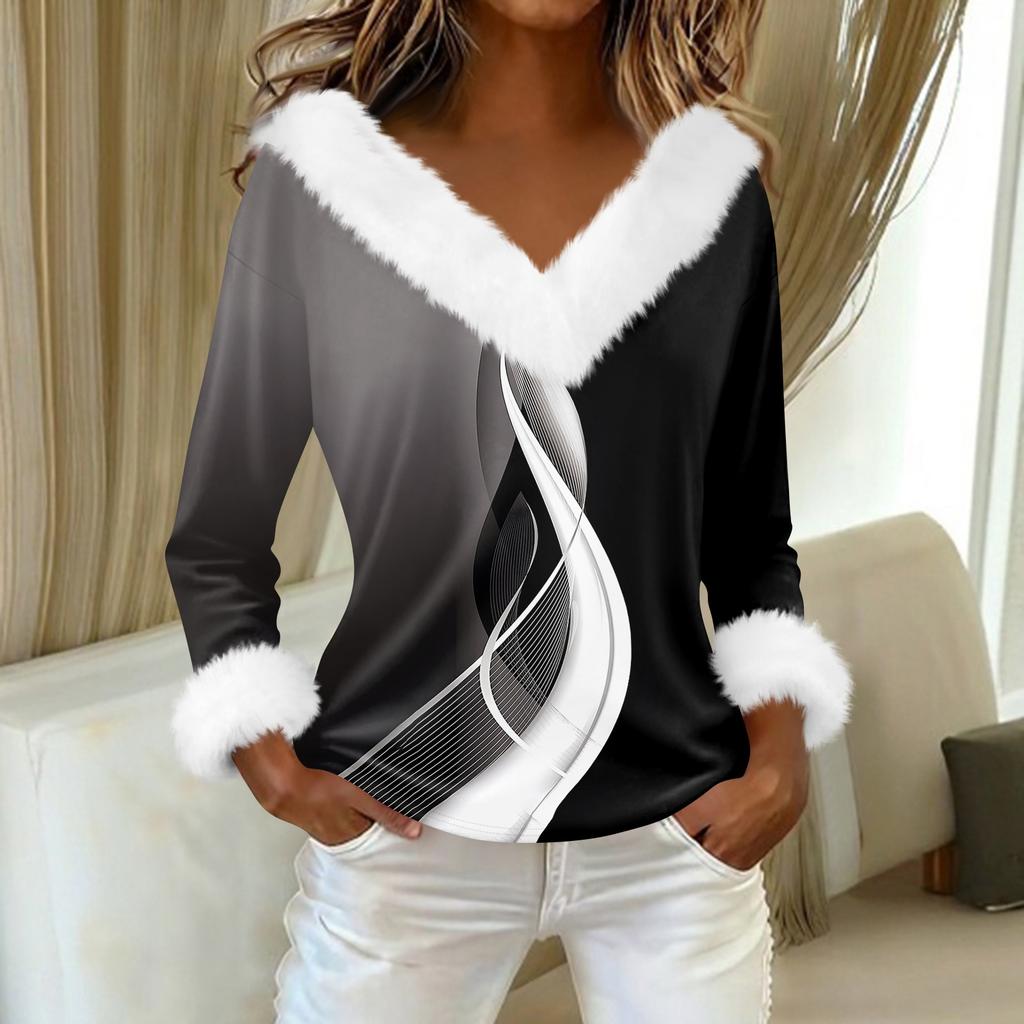 Damen T-Shirt Tee Print Shirt Langarm Party Fleece Kragen V-Ausschnitt Top