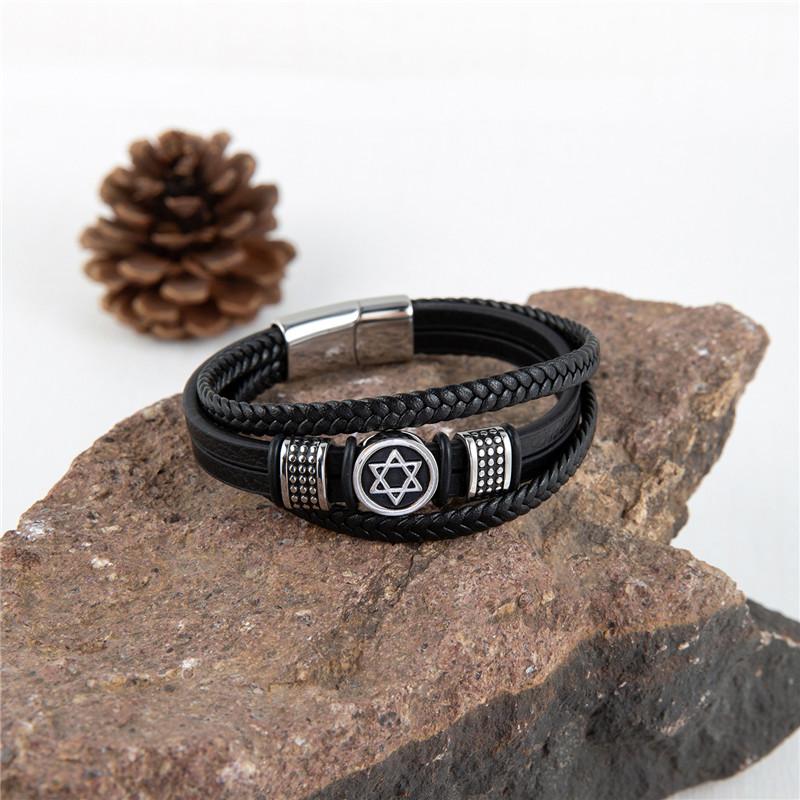 Vintage Norse Hexagram Star of David Bracelet For Men Stainless Steel Punk Jewelry Leather Amulet