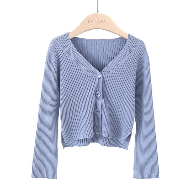V-neck New Knitted Cardigan Casual Women's Sweater Early Autumn Korean Version Loose Slim Fit Long Sleeved Jacket Short Solid Color Elegant Clothing