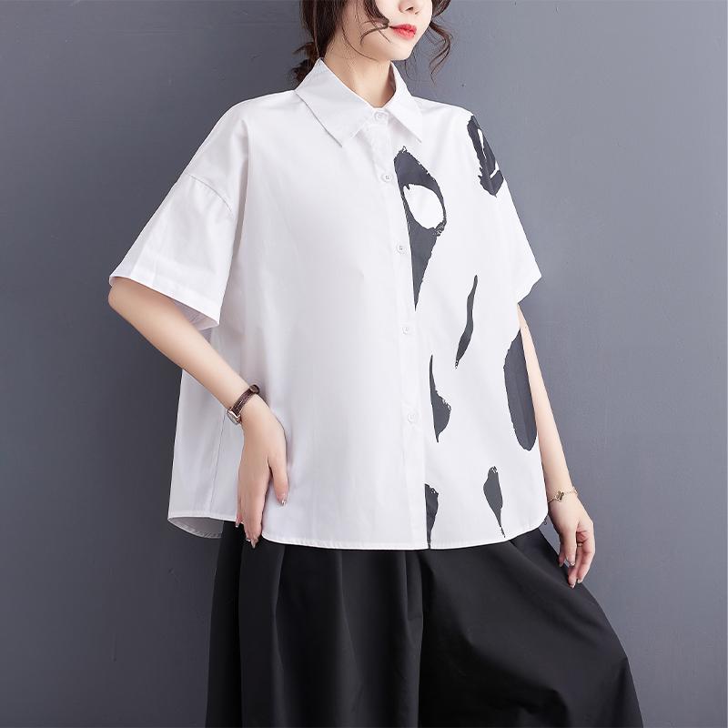 

DIMANAF 2025 Плюс Размер Женская Летняя Свободная Рубашка Короткий Рукав С Принтом Рубашка Повседневная Кнопка Базовые Новые Топы Футболки Однотонные XL белый