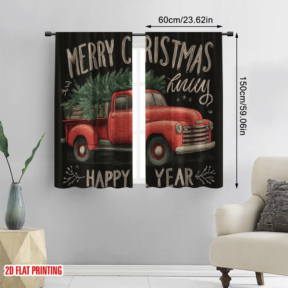 2pcs,2D plane printing Pattern Curtains Christmas Car Polyester Fabric (without rod) Versatile All Ldeal for Bedroom, Living
