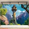 Castle Tower Waterfall Backdrop Banner, Durable Easy-Hang Fabric, Birthday Wedding Anniversary Indoor Outdoor Decor 39x59/51.18x59/70.8x90.5in