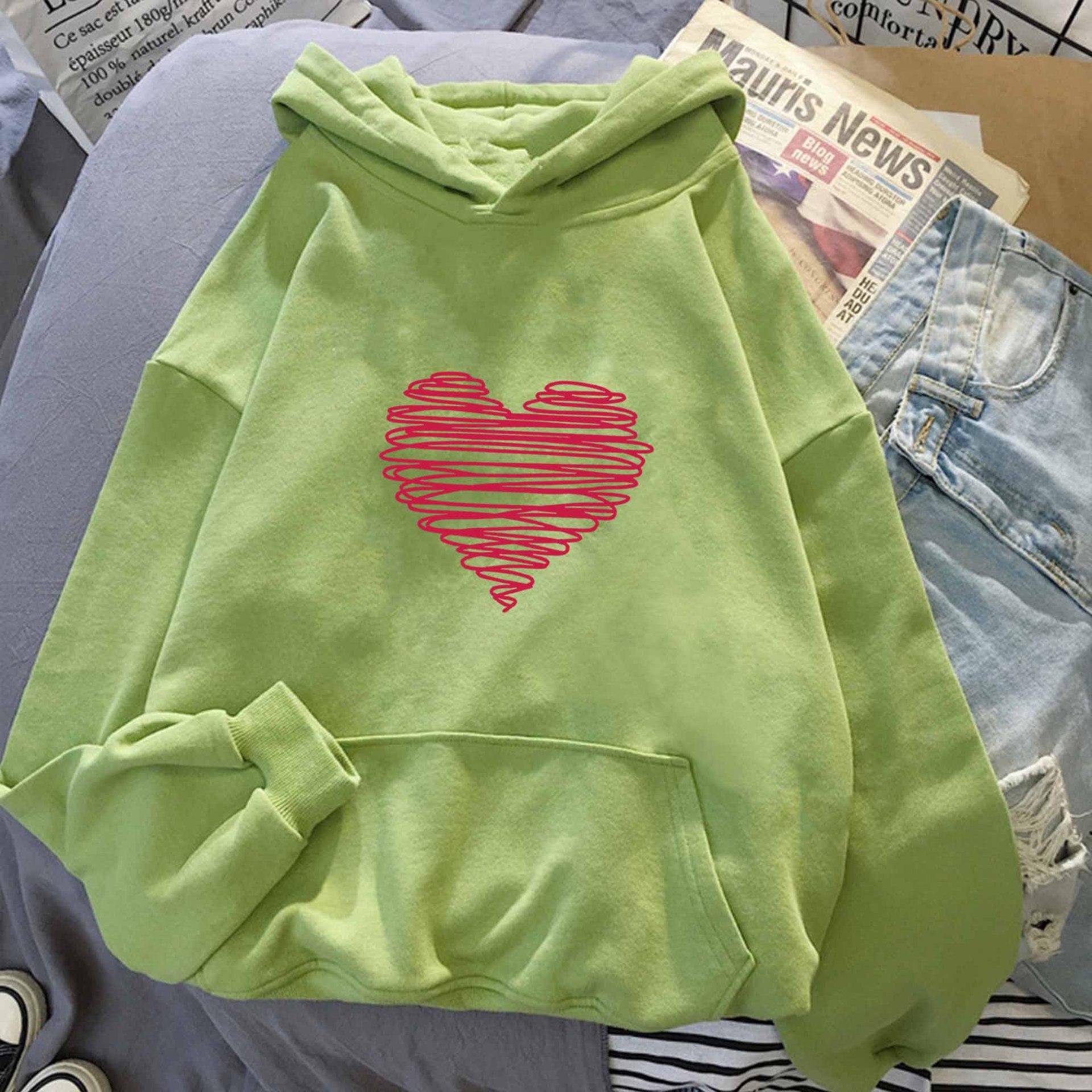 

European and American clothing lines, heart-shaped printed hoodies, sweatshirts for men and women, Korean version, trendy and versatile S
