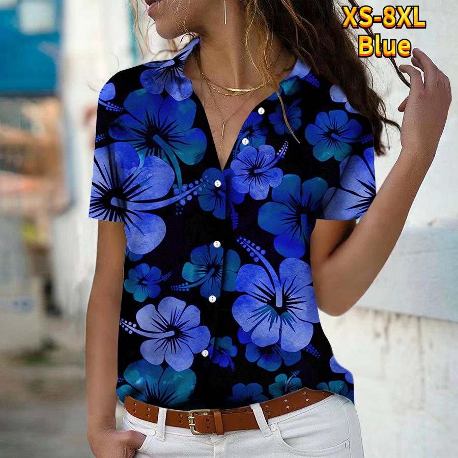 2025 Léto Nová Móda Dámská Květinová Krátký Rukáv Výstřih do V Ležérní Halenka s Knoflíky