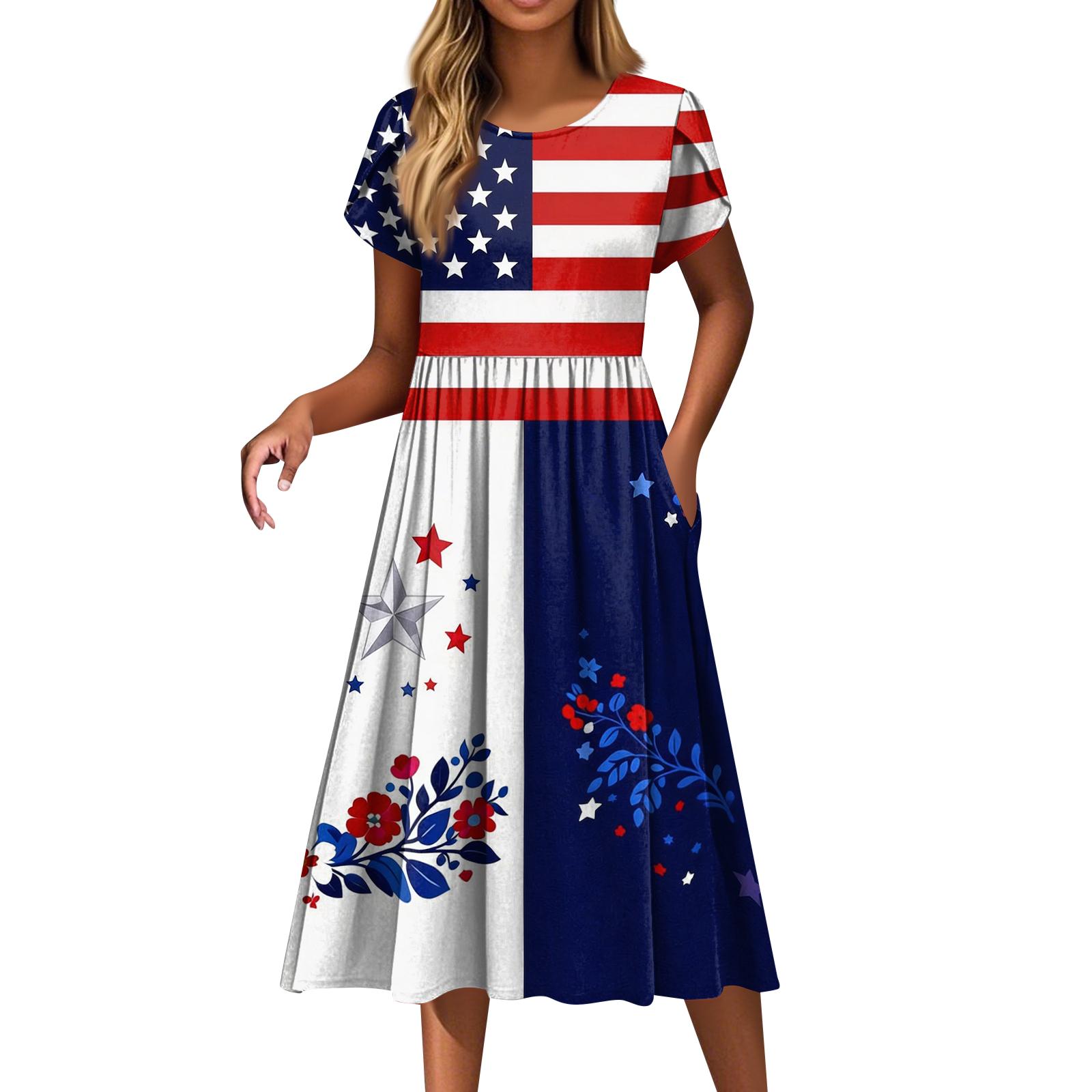 Women s Fashion Casual Loose Independence Day Printed Round Neck Pocket Short Sleeve Dress L