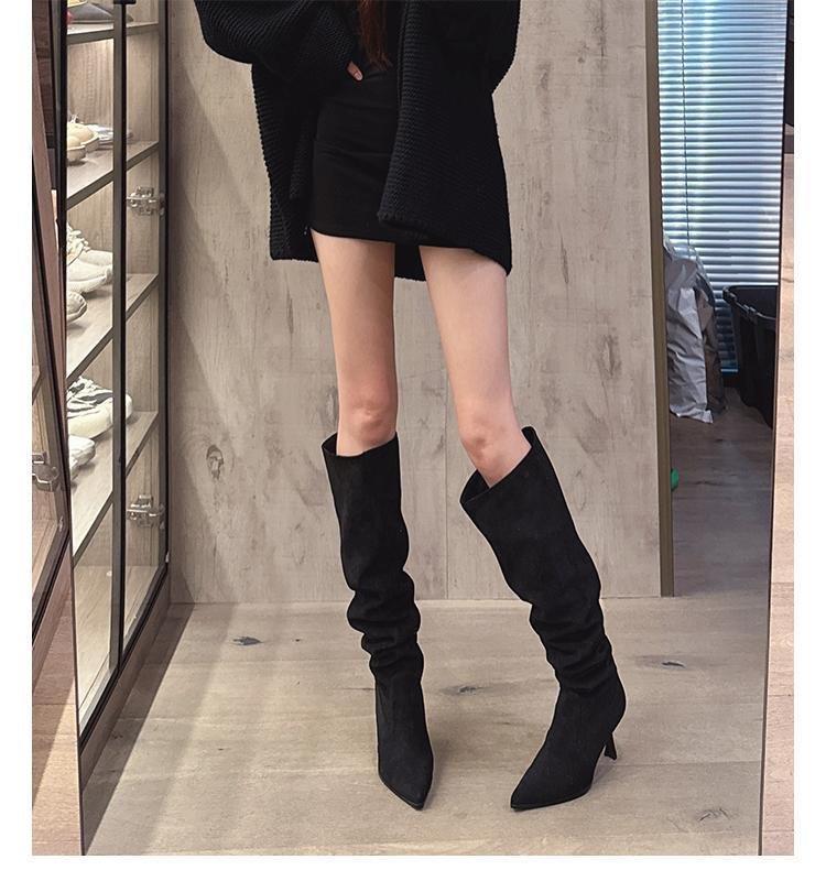 European and American joints trendy women's retro pointed thin heel high heel boots pleated two wear stacking boots khaki gray boots