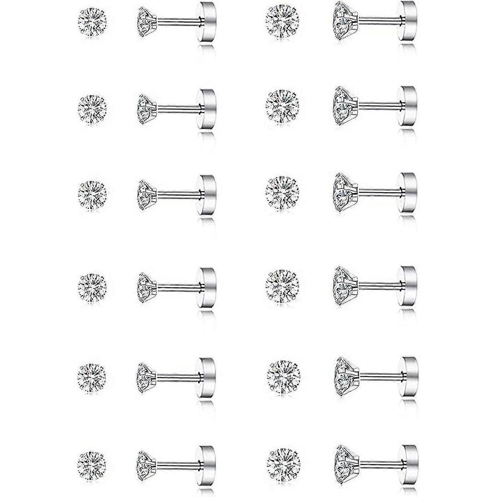 12 Pairs Round Cubic Zirconia Stud Earrings 316L Stainless Steel Stud Earrings for Men Women, 2mm-3mm