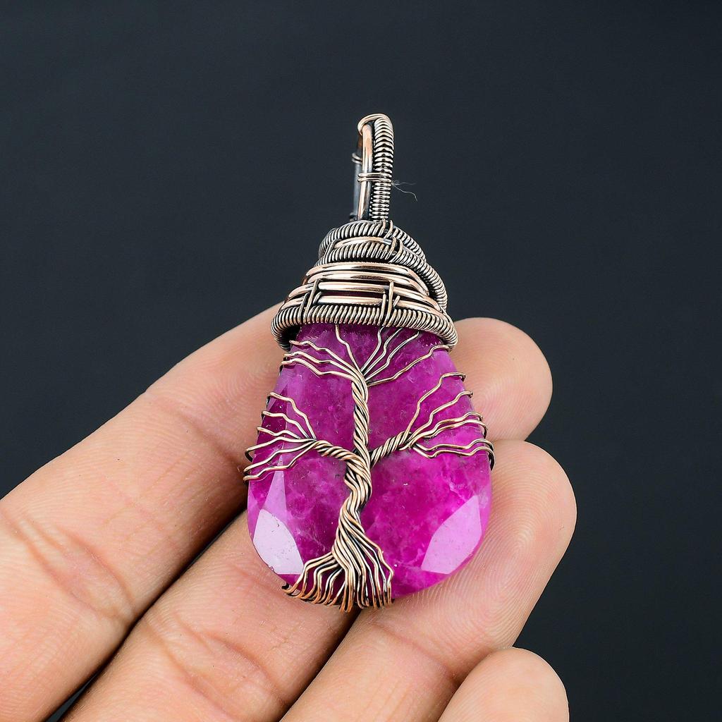 Kashmiri Red Ruby Gemstone Handmade Pure Copper Wire Wrap Jewelry Pendant For Thanksgiving
