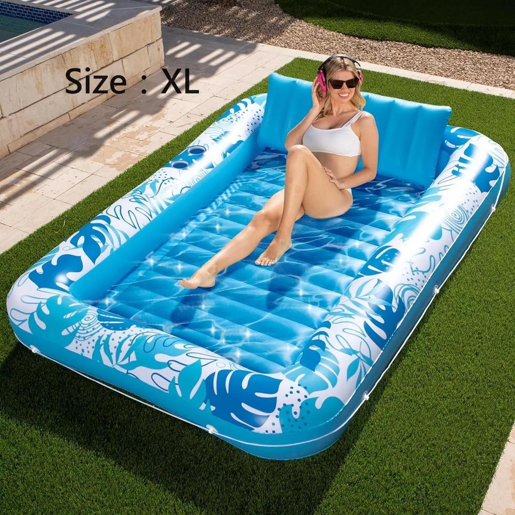 Sloosh-L/XL Inflatable Tanning Pool Lounge Float With Cup Holder, 70"X46"/85″ X 57″ More Large Sun Tan Tub Adult Pool Floats Raft Summervibes