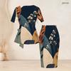 Women Plus Size Round Neck Short Sleeve Printed Tie Waist Top Fitted Skirt Two Piece Set