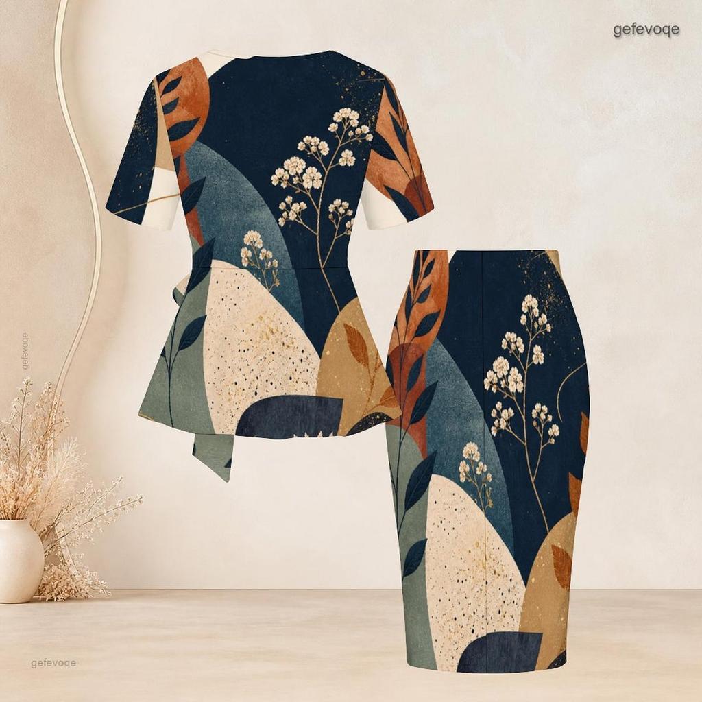 Women Plus Size Round Neck Short Sleeve Printed Tie Waist Top Fitted Skirt Two Piece Set