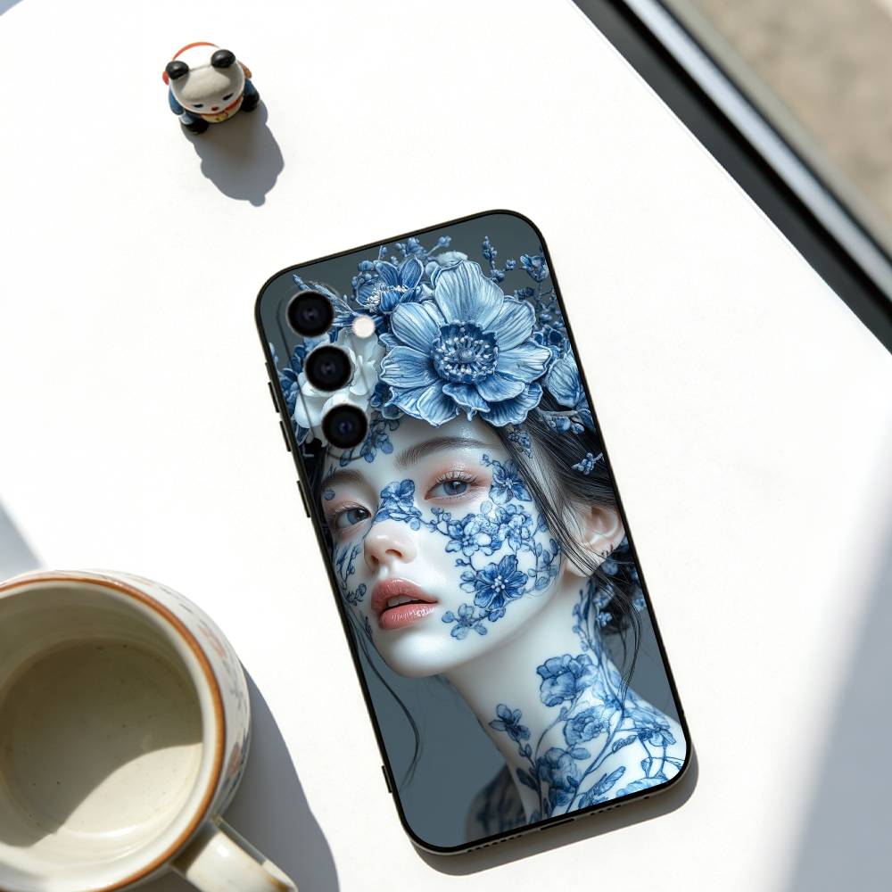 Blue & White Grace Phone Case Black Silicone Soft For Samsung Galaxy A73,A72,A71,A70,A53,A52,A51