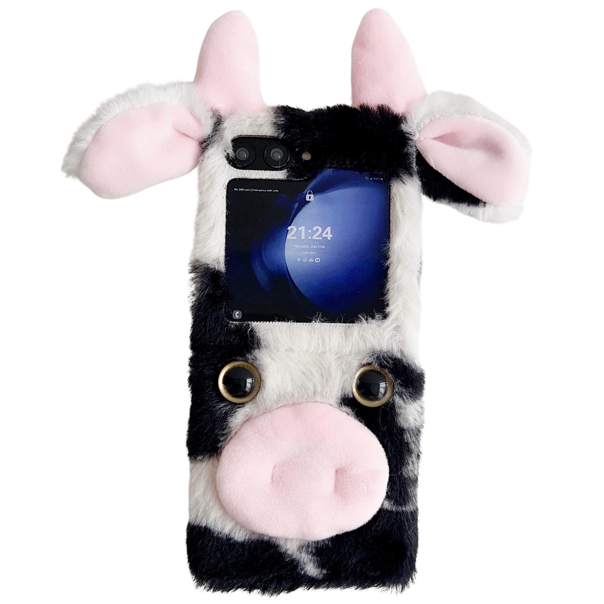 

Acrylic Folding Phone Case for Samsung Galaxy Z Flip7 FE 5G/Z Flip6 5G Fluffy Cows Ear Cover Black