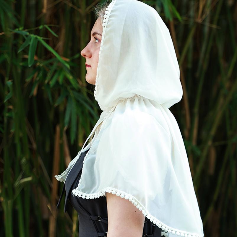 Women Lace Trim Chiffon Hooded Cape, Medieval Renaissance Head Scarf Shawl L зелёный