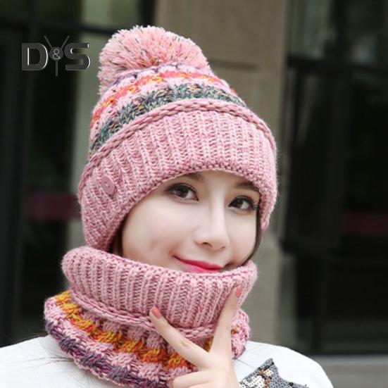 3Pcs/Set Knitting Hat Scarf Set Thickened Plush Lining Furry Ball Decor Beanie Hat Neck Warmer Detachable Face Guard Set