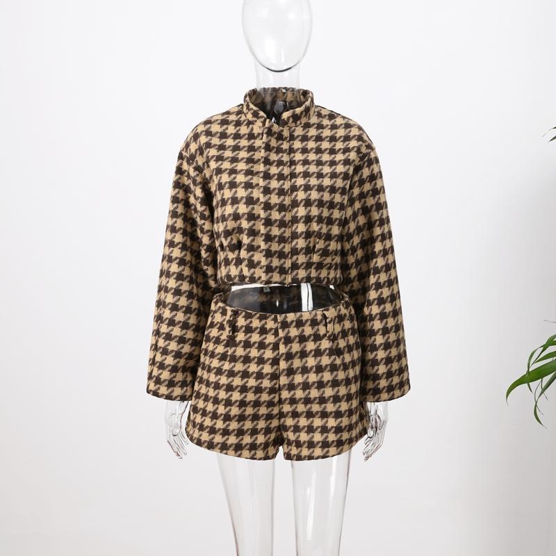 Plaid Short Jacket Shorts Suits Women Vintage Stand Collar Long Sleeve Zipper Coats With High Waist Shorts Street Ladies Outfits