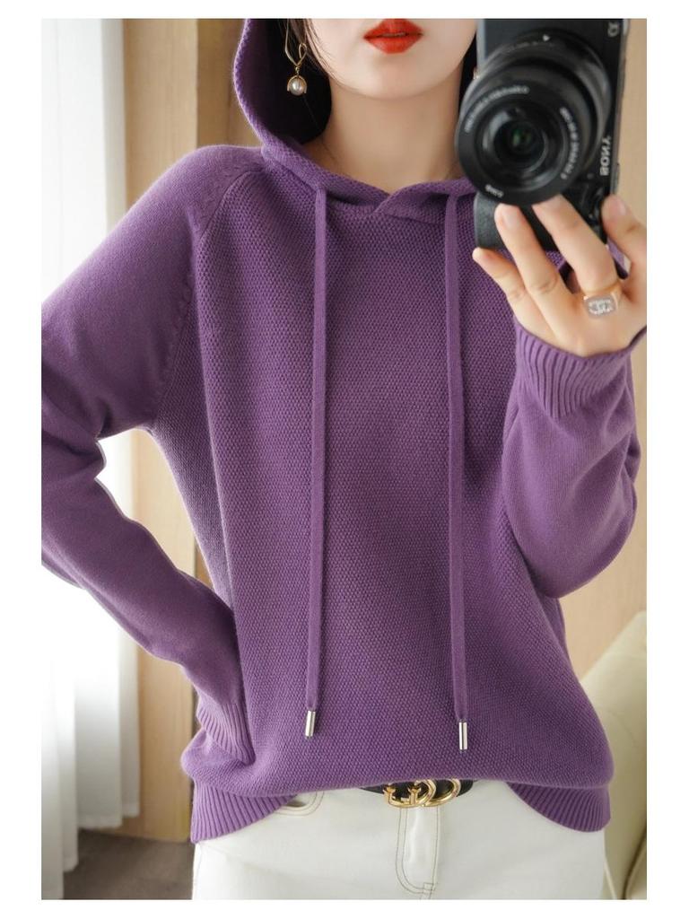 2025 Autumn/Winter Women's Hooded Knit Sweater - Long Sleeve, Solid Color, Loose Fit, Versatile Commuting Style