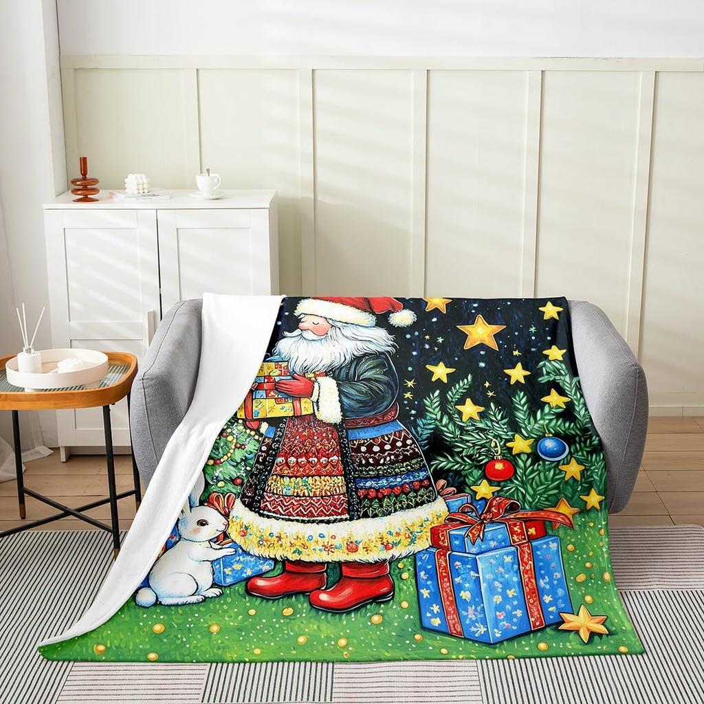Winter Snowman Throw Blanket Cartoon Farmhouse Rustic Style Flannel Blanket for Kids Teens Adults Watercolor Pine Trees White