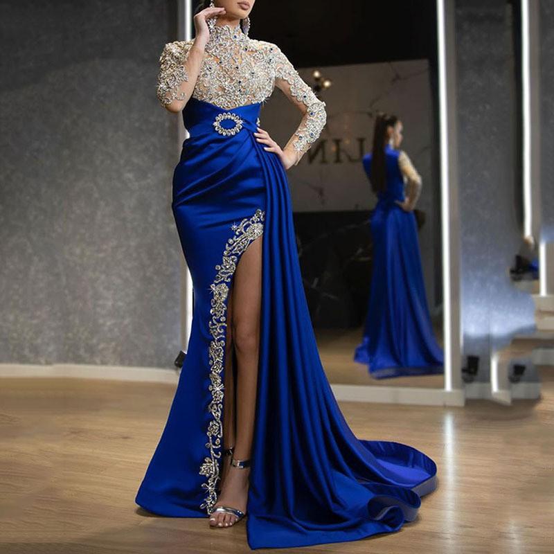 Europäisches und amerikanisches neues Abendkleid ebay Damenbekleidung blau gesprenkelt gold Rundhalskleid langes Kleid Damen