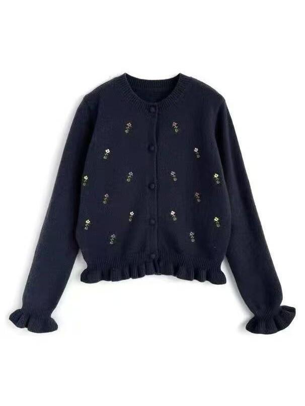 2026 Autumn/Winter Women's Floral Embroidery Knit Cardigan, Round Neck Korean Style Sweater Coat, Age-Reducing Design.