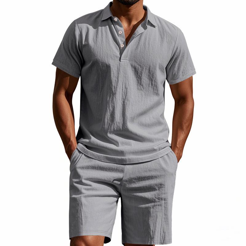 Men's Summer Sporty Cotton Linen Two-Piece Set: Breathable Short Sleeve Polo Shirt & Lapel Shorts