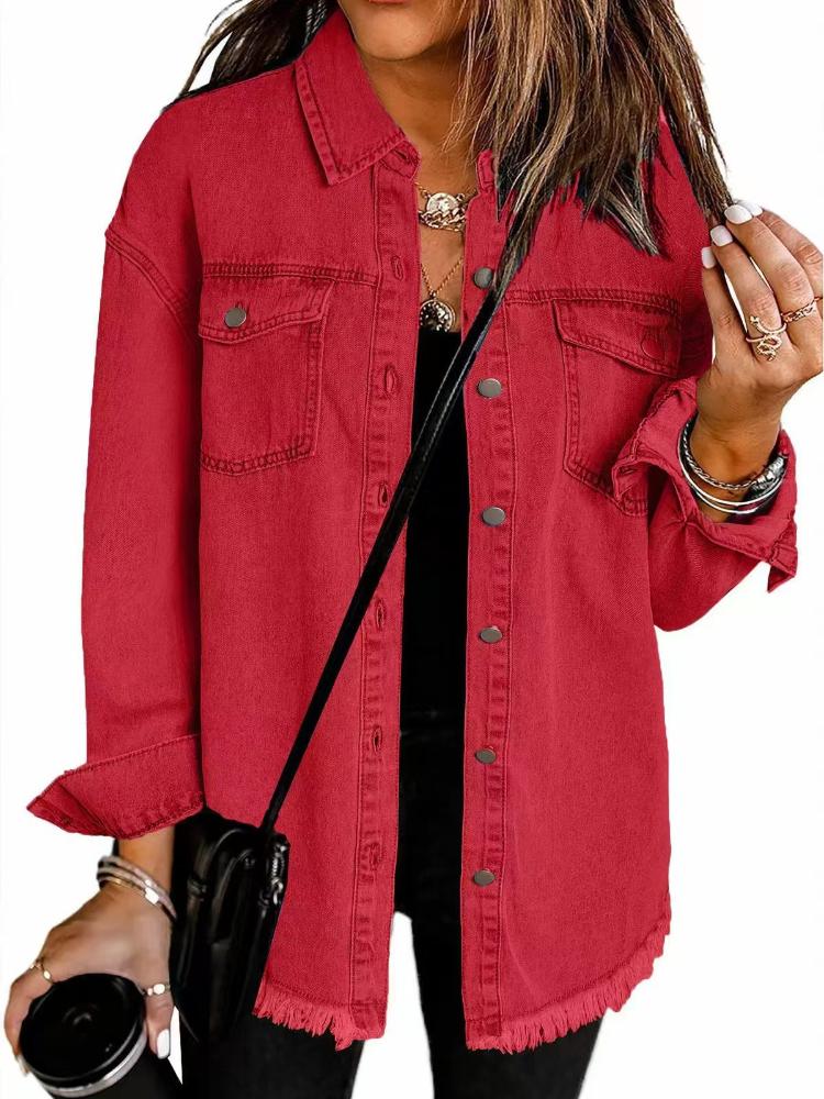 

Женская джинсовая куртка, приталенная, из эластичного хлопка, повседневная верхняя одежда с множеством карманов XL красный