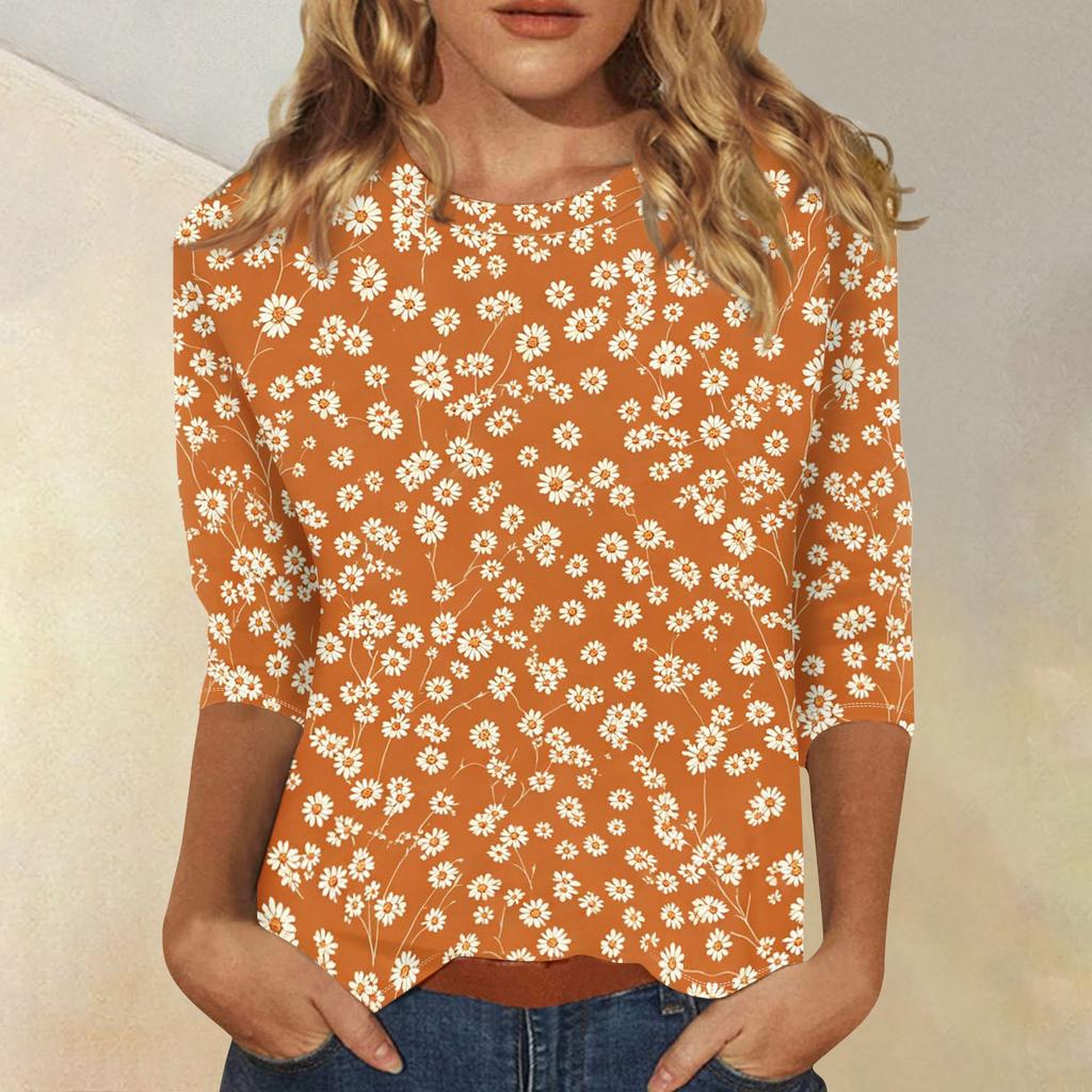 Damen Casual Blumenmuster Dreiviertelarm Rundhalsausschnitt Oberteil Leicht Bequem Sitzend Weicher Stoff Bluse für den Alltag