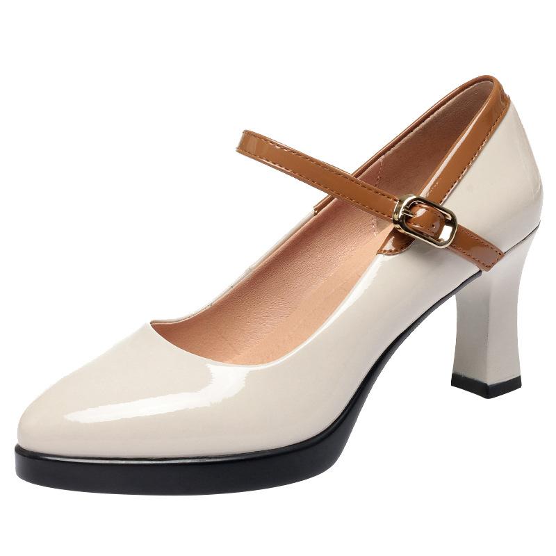 fashion Fashion Shallow Ankle Buckle Patent Leather Shoes Women's Mary  2024 Spring Block High Heels Shoes For Office Model Elegant