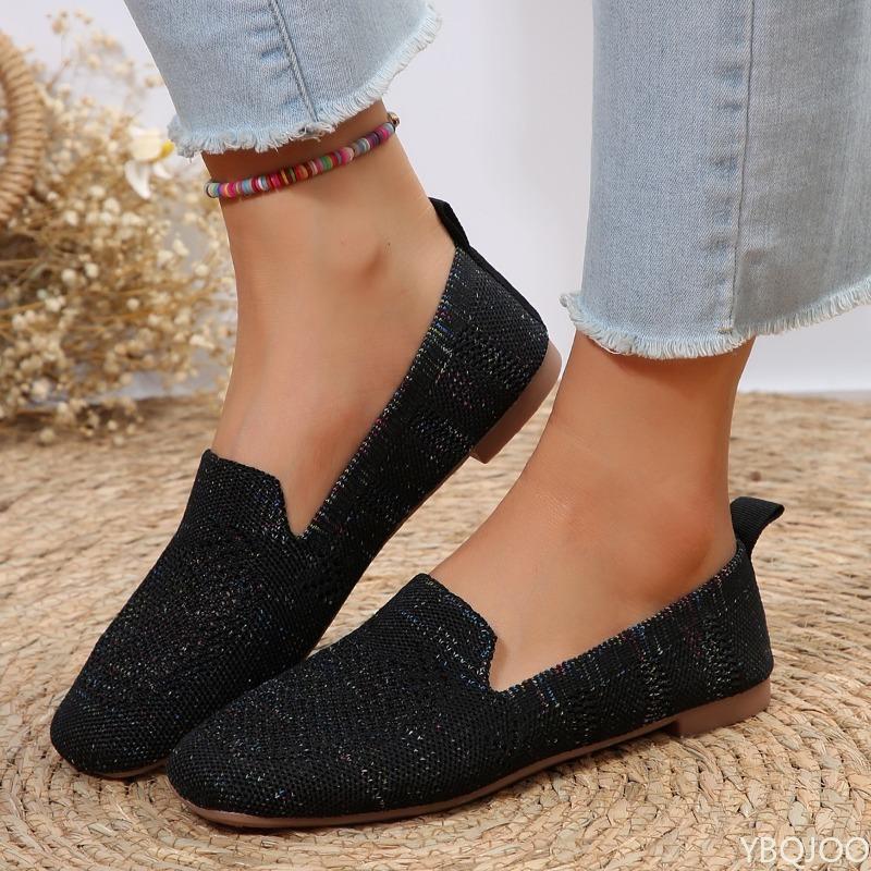 Fashion Flat bottomed shallow mouth casual shoes solid color square toe women's soft sole knitted casual simple comfortable single shoes