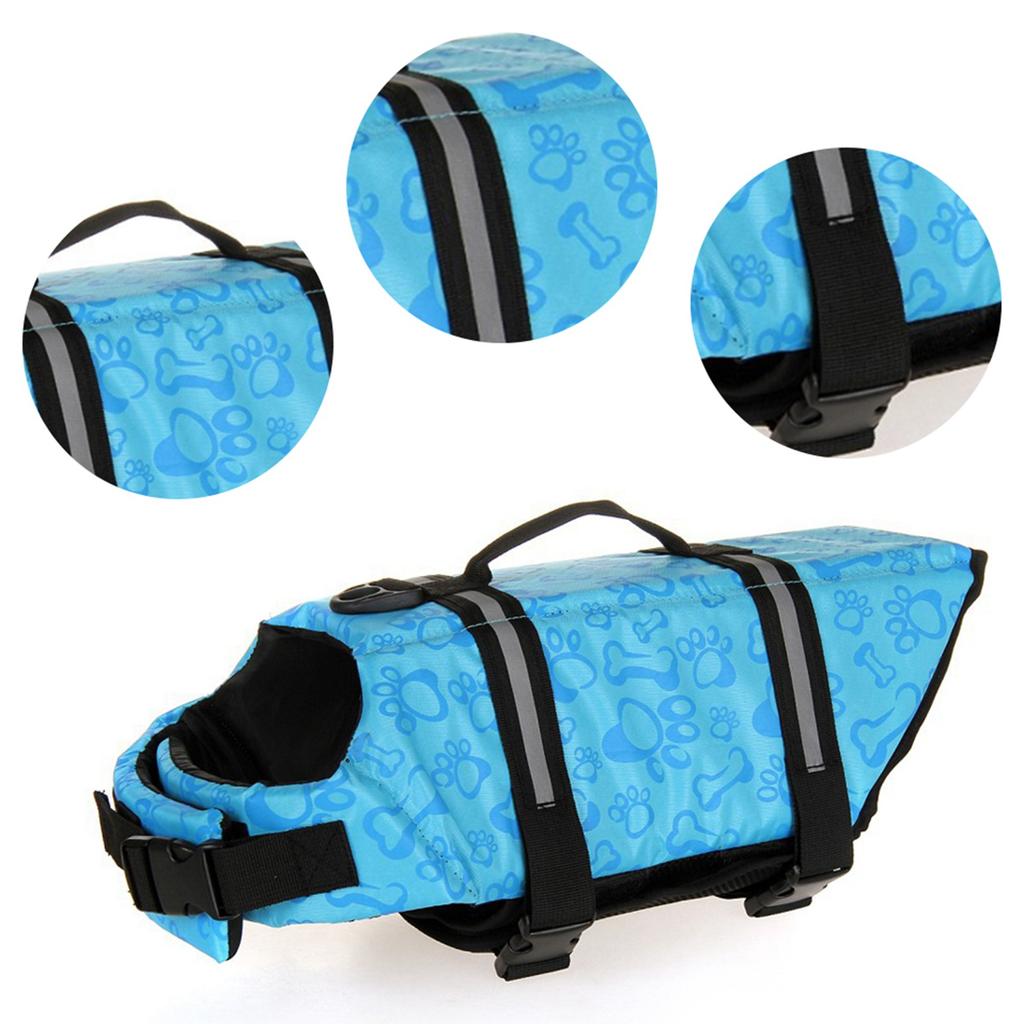 Dog Life Jacket Blue Bone Pattern Reflective Pet Dog Lifesaver Flotation Vest for Boating Swimming M Size