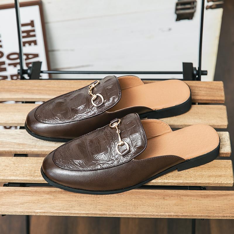 

Роскошные дизайнерские мужские туфли с застежкой из крокодиловой кожи, тапочки для мужчин, получешки для мужчин, повседневная обувь, туфли на плоской подошве 46 коричневый