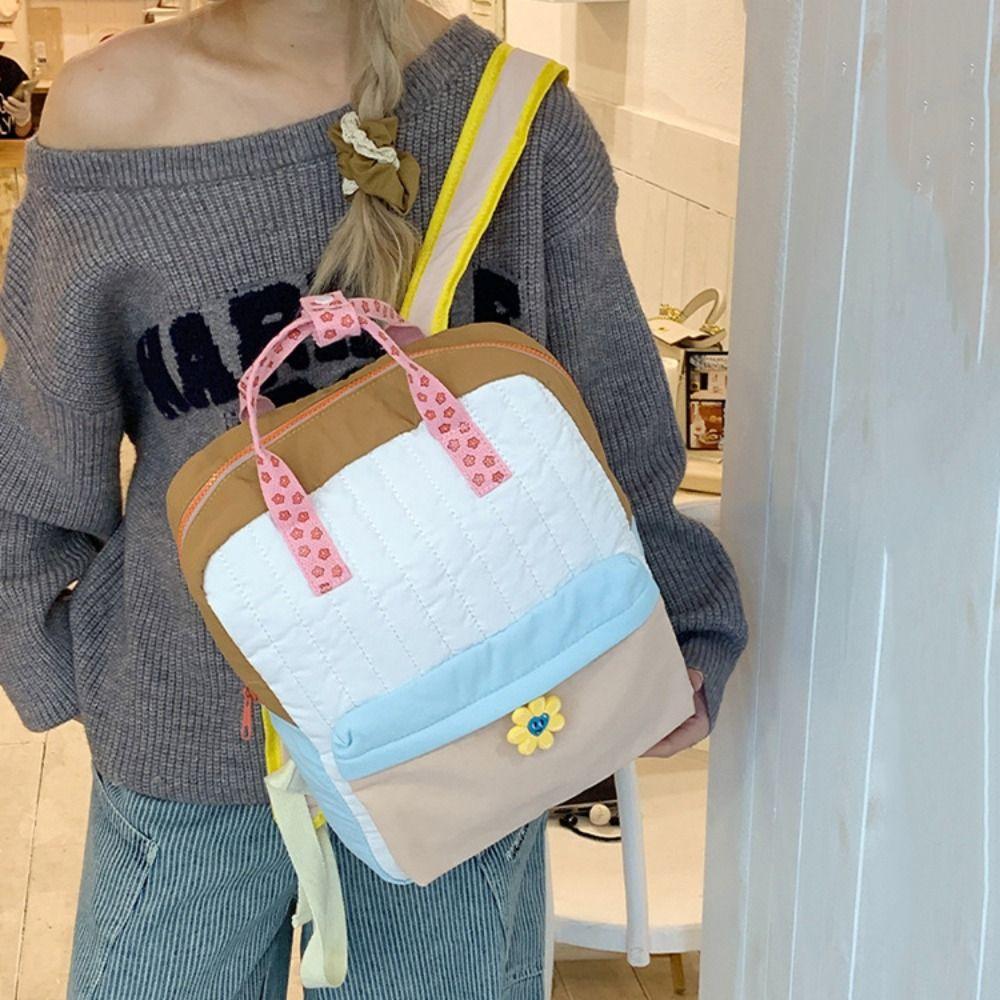 

Color-blocked Nylon Backpack Canvas Sunflower Pendant Backpack Kawali Student School Bag Daily S