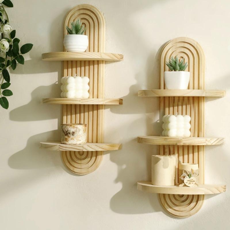 3 Layer Arched Wood Wall Mounted Planter Holder Decorative Shelf Living Room Bedroom Display Rack Hanging Organizers