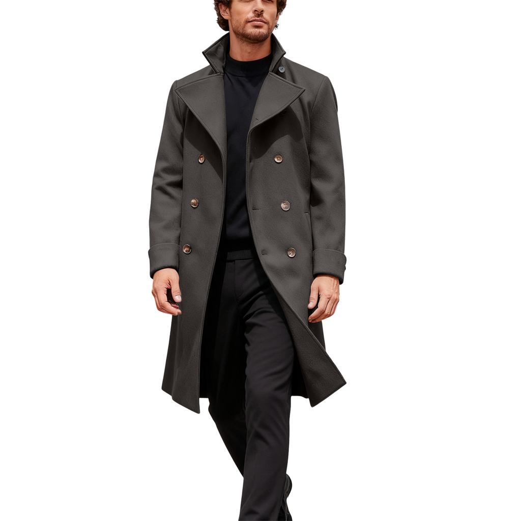 Men's British Solid Color Long Coat Fashionable Warm Woolen Overcoat