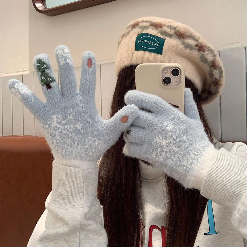 Women s gloves winter new open finger thickened warm cute student cold wool can be Christmas tree gloves