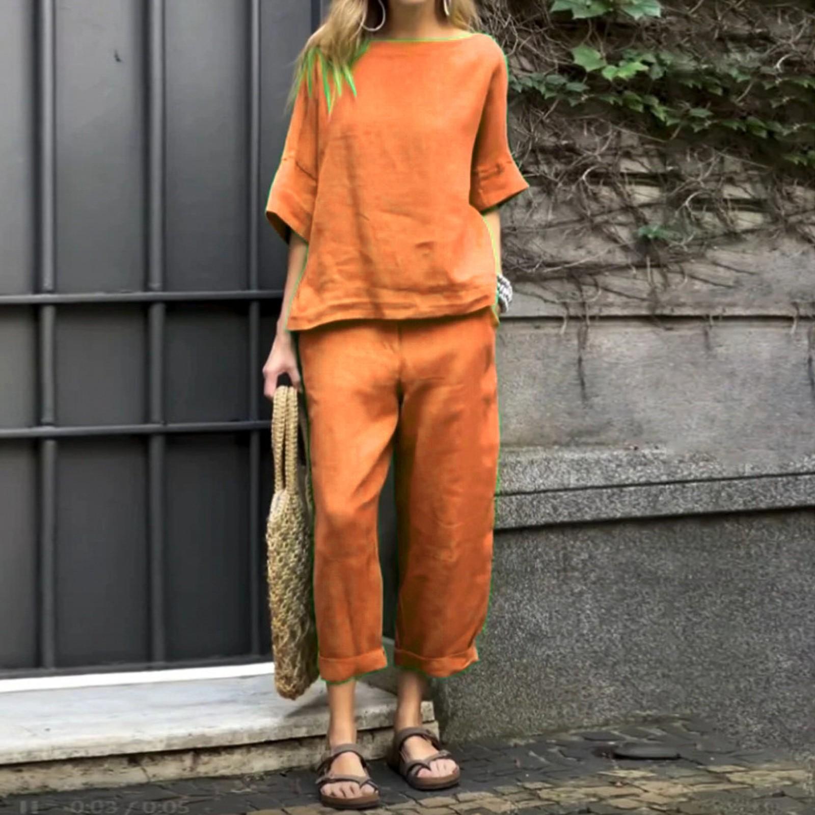 

Женский однотонный повседневный хлопковый льняной комплект с рукавами 3/4 и круглым вырезом, топ и брюки XL оранжевый