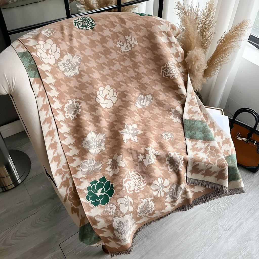 Thousands Of Bird Grids, Plants, Flowers, Camellias, Fashionable And Versatile, Confident And Elegant Imitation Cashmere Thermal Scarf