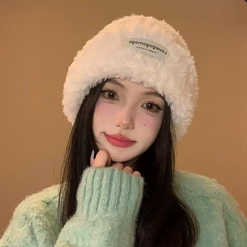 White Plush Hat for Women in Winter Thickened Woolen Hat  Large Head Circumference Warm Knitted Hat  Windproof Pullover  Cold Hat Slimming
