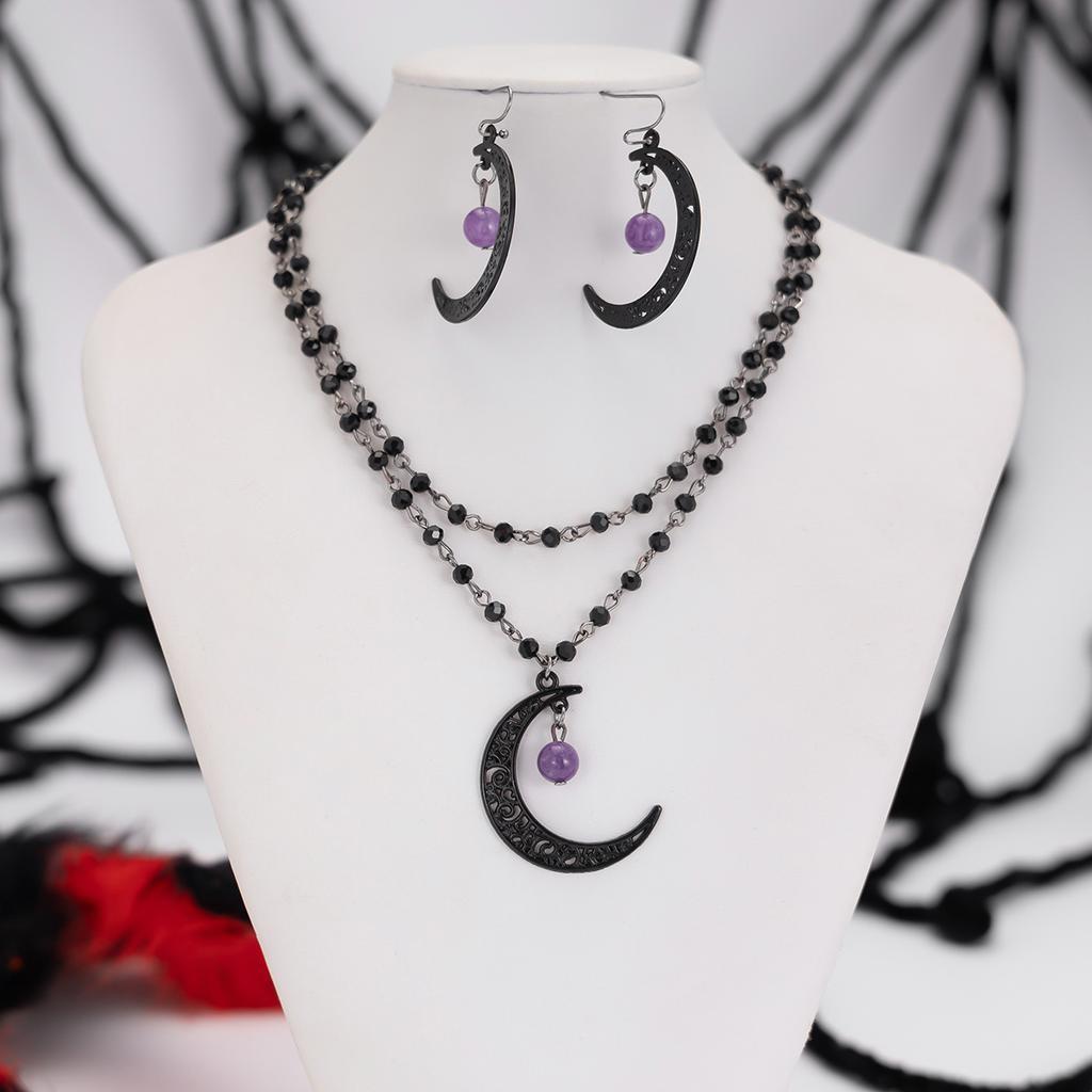 Crystal beads chain necklace sweet cool gothic hollow moon pendant necklace
