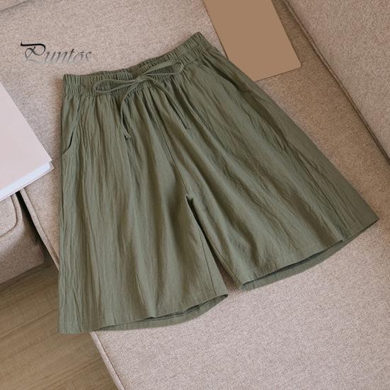 Women Summer Casual Shorts Elastic Waist Drawstring Pockets Shorts Solid Color Wide Leg Loose Short Pants Streetwear