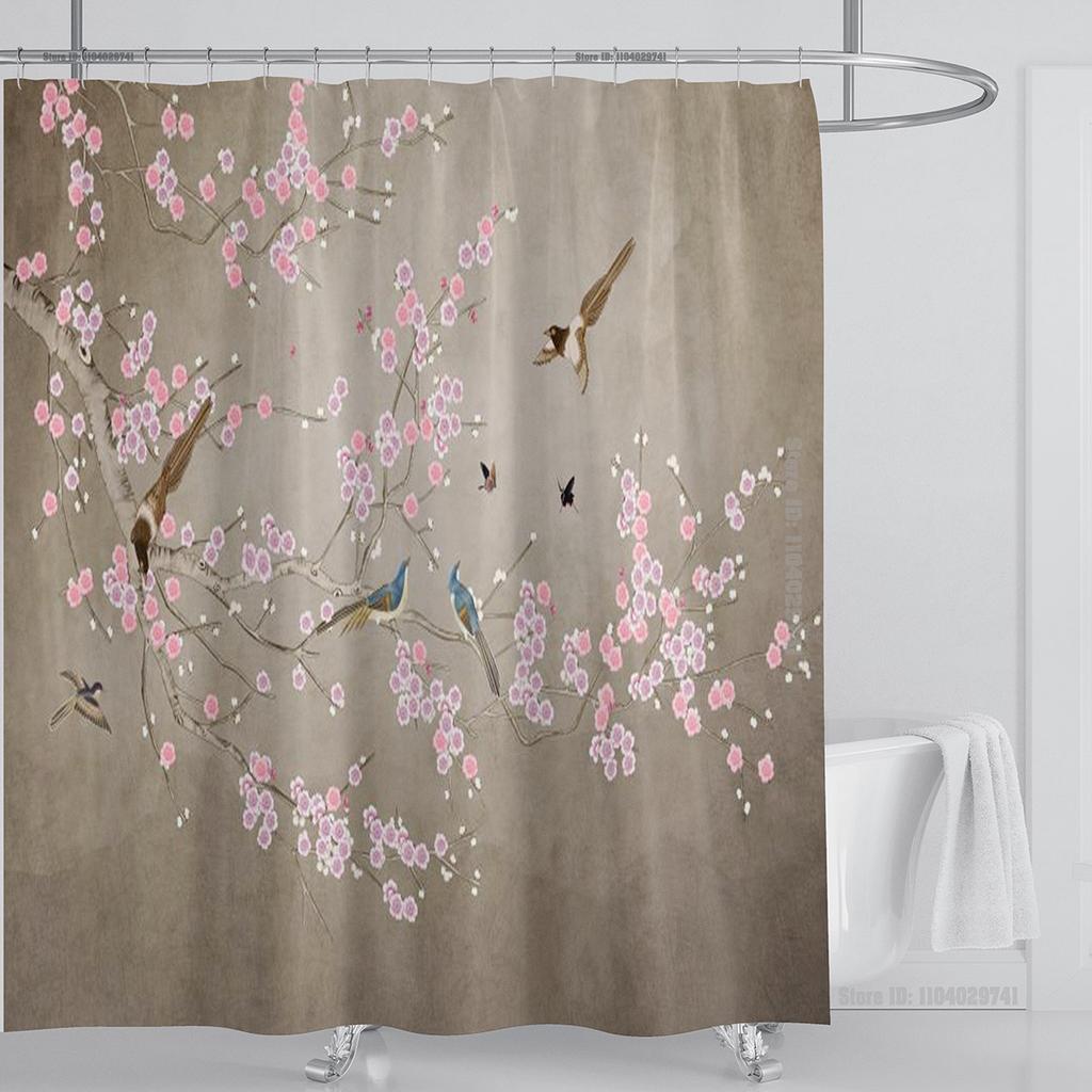 Chinese Style Flower and Birds Tree Shower Curtains Crane Pattern Bath Curtain Waterproof Bathroom Decor With Hooks 3d Printing