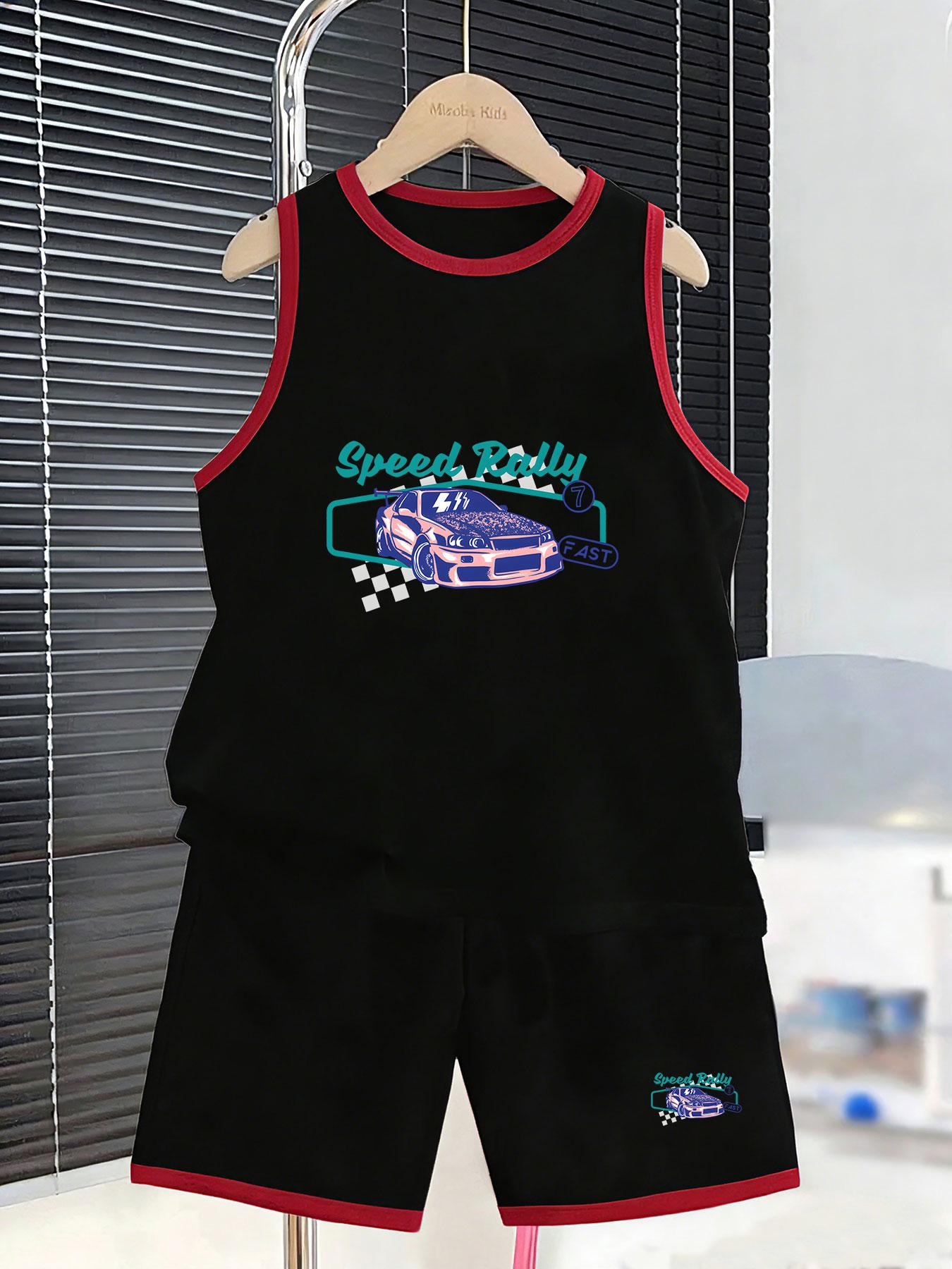 

Boys retro rally racing car printed vest shorts. Speed themed design, breathable flexible fabric for car lovers and daily wear. 2-3Y чёрный