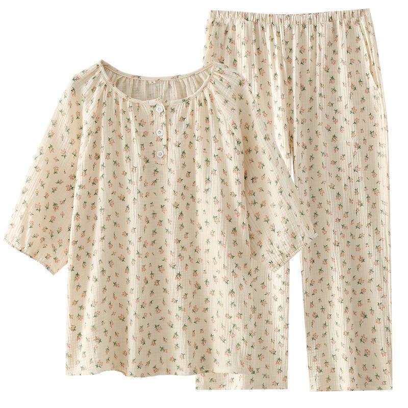 Summer pure cotton pajamas women's thin pullover short-sleeved cropped pants loungewear round neck can be worn outside summer clothes Weifang