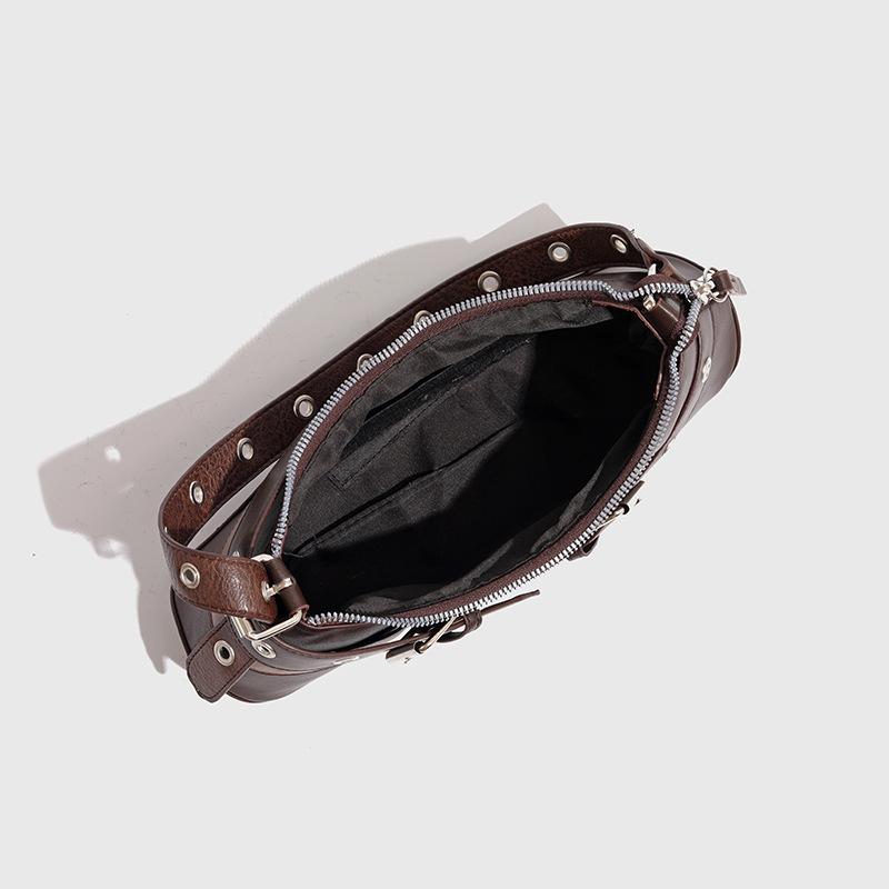 Genți de umăr vintage din piele PU neagră pentru femei, stil Y2K, pentru fete, maro, geantă de sub braț, Goth Punk Moto, genți de mână de modă feminină