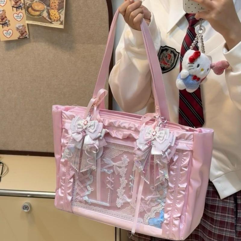 New two-dimensional yuan fashion versatile girls satin strap bow transparent badge millet shoulder bag
