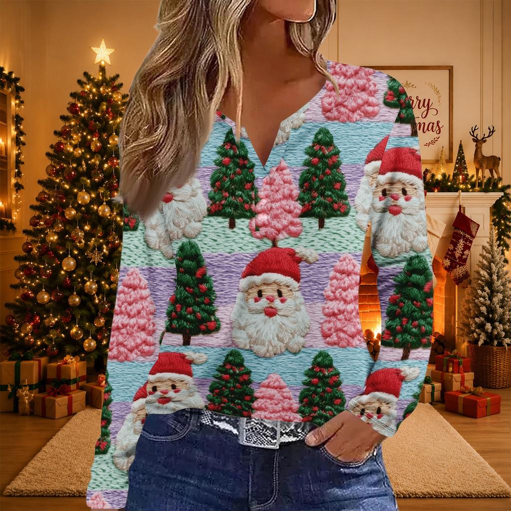 Women's Casual Christmas Print V-Neck Long Sleeve T-Shirt with Decorative Buttons for Holiday Parties