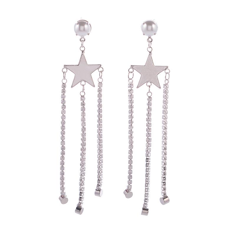 Simple Geometric Asymmetrical Earrings With Diamond Studs, Pentagonal Star Long Fringed Earrings, Earrings.