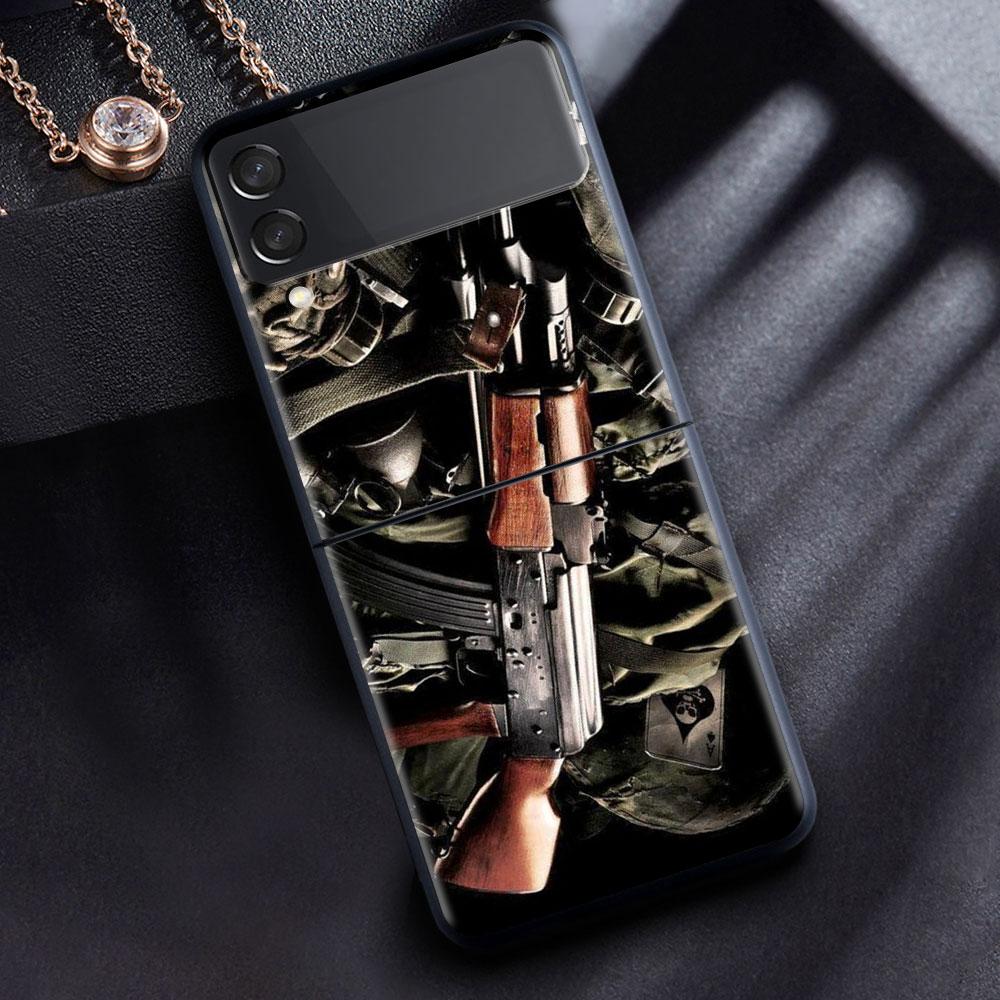

Чехол для Samsung Galaxy Z Flip 3 4 5G, черный жесткий корпус для телефона из ПК Z Flip4, роскошный сегментированный чехол AK47, пистолет, пули Samsung Z Flip 3 5G