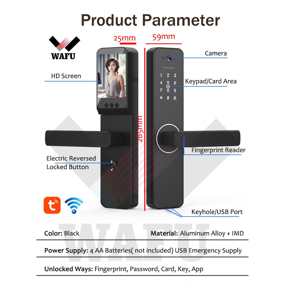 Wafu Smart Lock with 120° Wide-angle Camera and Smart Doorbell Keyless Entry Door Lock Handle Aluminum Alloy Biometric Door Lock