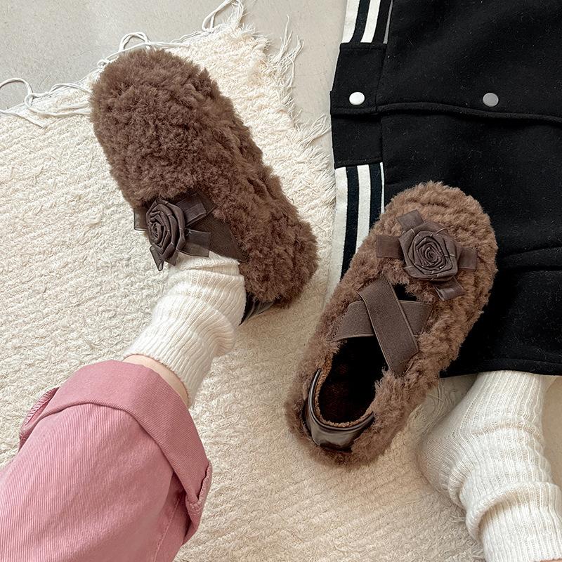 Fashion trend retro platform fluffy shoes women's 2025 new autumn and winter velvet heightening ballet Mary Jane cotton shoes